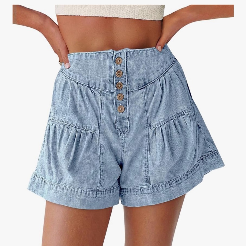 High waisted light blue denim button up shorts